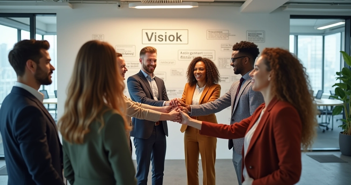 Colleagues uniting hands in center for mission alignment 