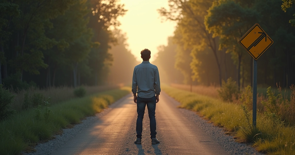 Person looking hesitant at a crossroads sign 
