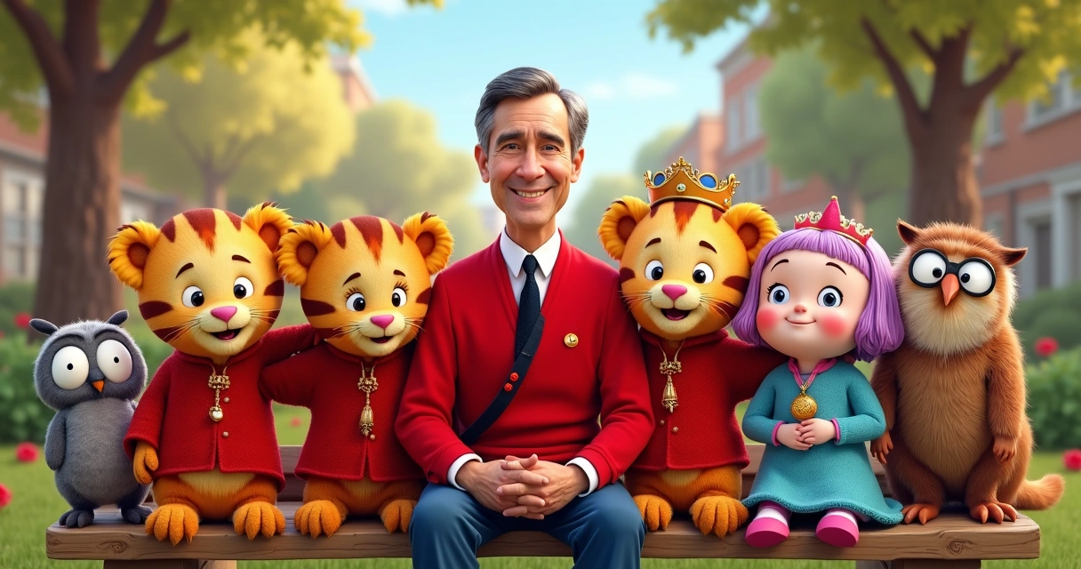 Personagens de Mister Rogers Neighborhood reunidos em cenário colorido 