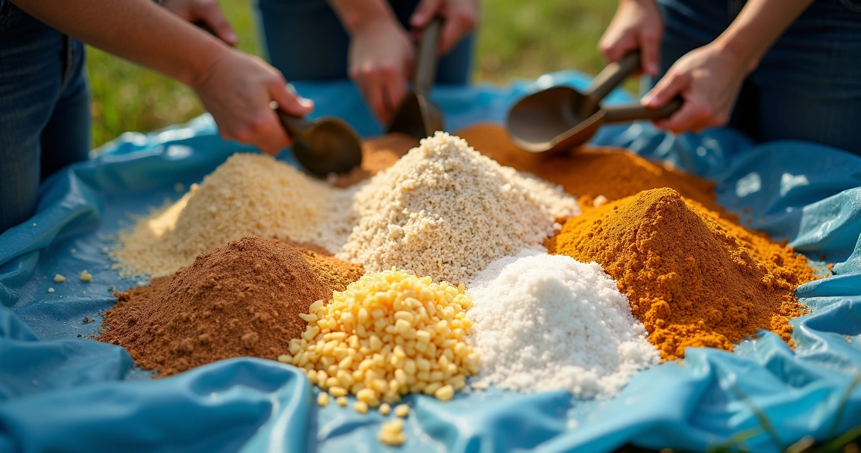 Mistura de ingredientes secos para bokashi em uma lona 