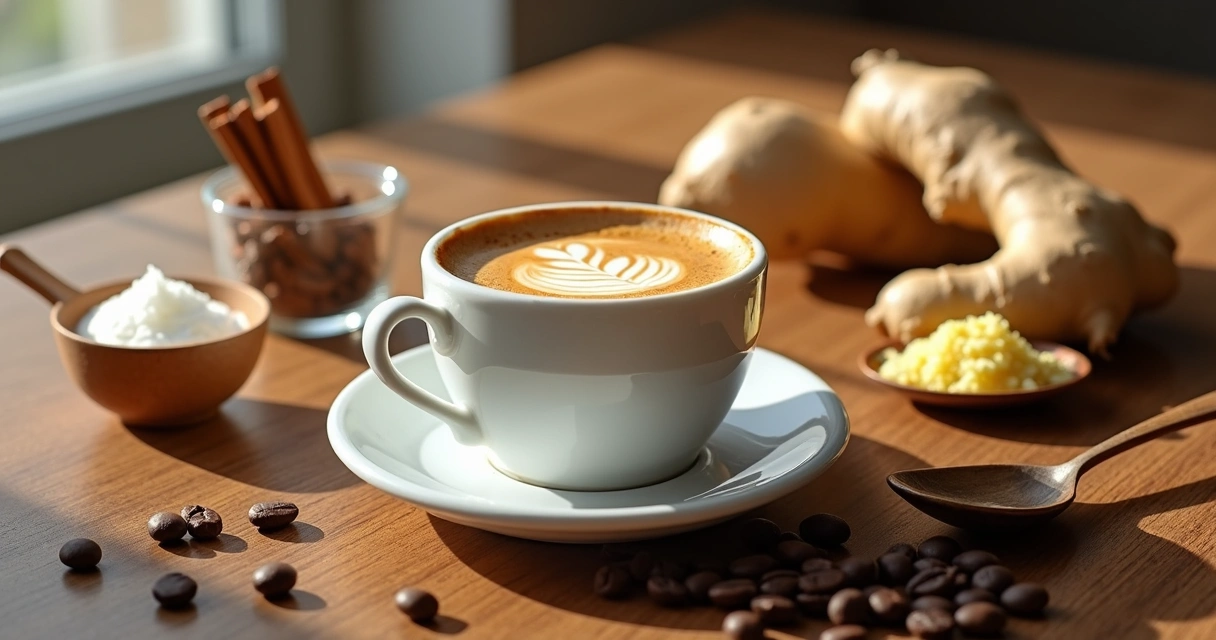 Xícara de café expresso ao lado de potes com canela, gengibre e óleo de coco em mesa de madeira 