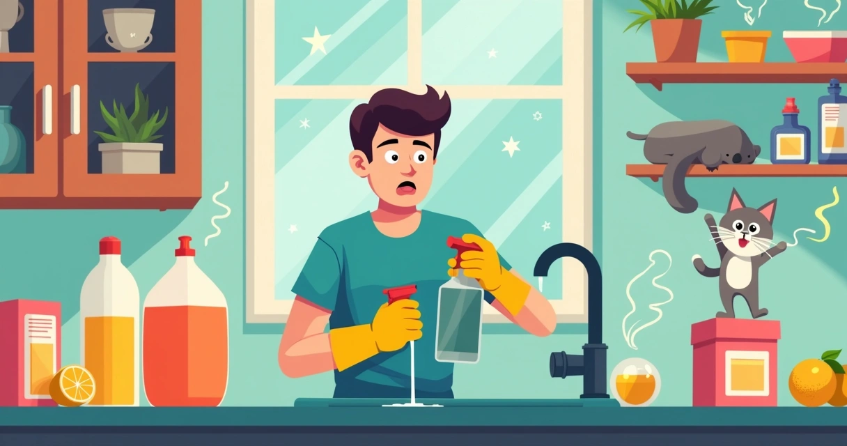 Pessoa misturando produtos de limpeza com rosto preocupado 