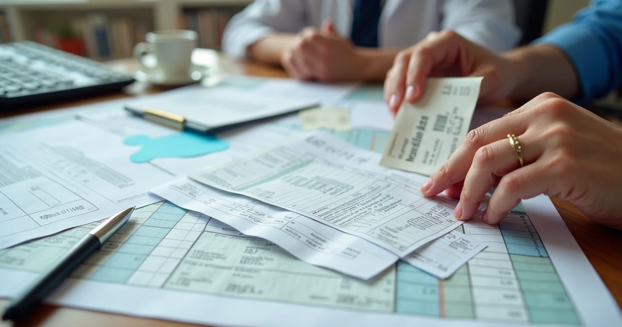 Planilhas com contas pessoais e clínicas misturadas em uma mesa 