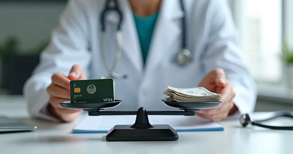 Notas e cartões misturados em cima de balança, jaleco médico ao fundo 