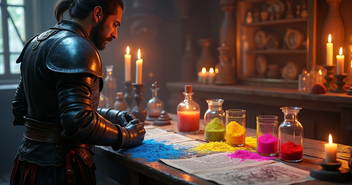 Jogador misturando pós coloridos em uma bancada com cartas abertas 