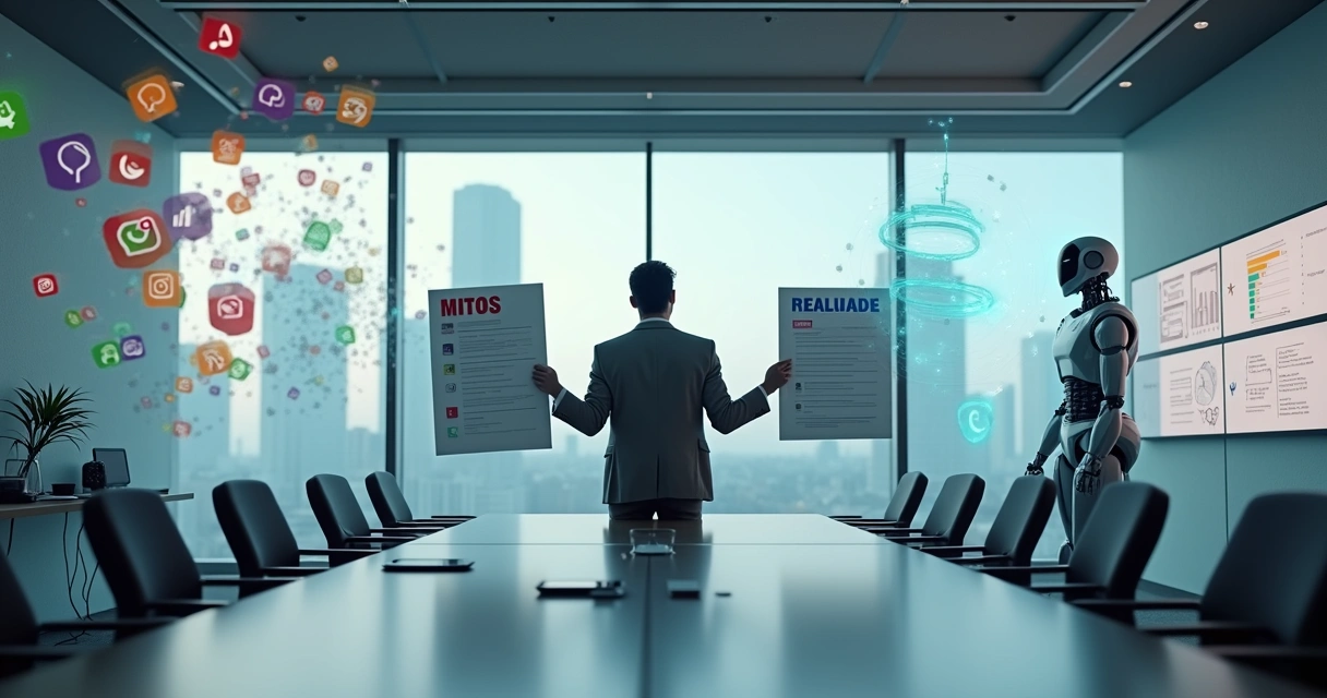 Gestor confuso entre robô de atendimento e equipe humana em ambiente corporativo 