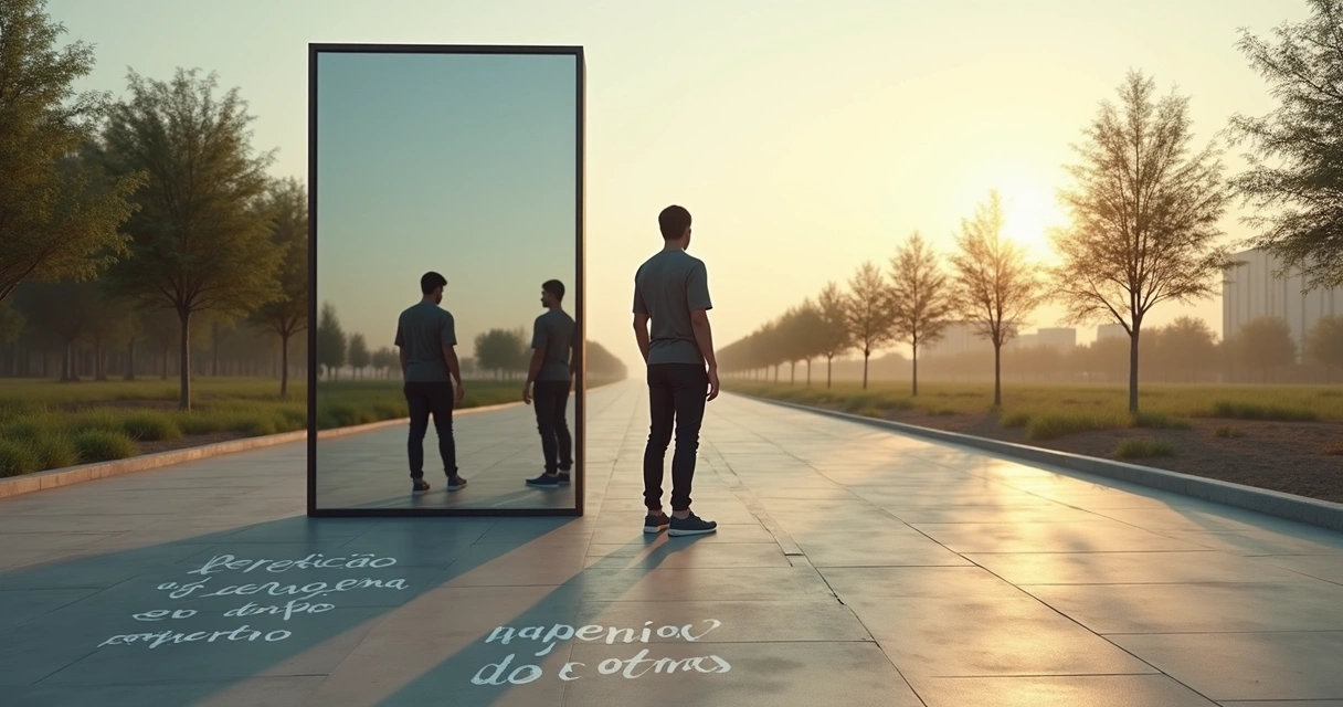 Pessoa diante de espelho em encruzilhada simbólica questionando mitos sobre autoconfiança 