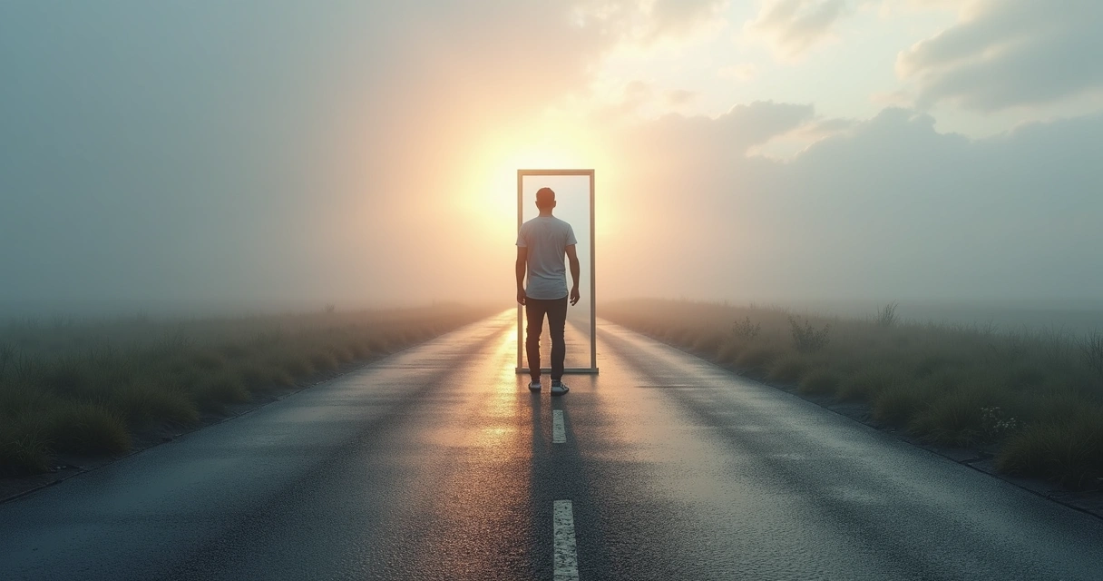 Pessoa em encruzilhada olhando para um espelho em uma estrada com neblina 