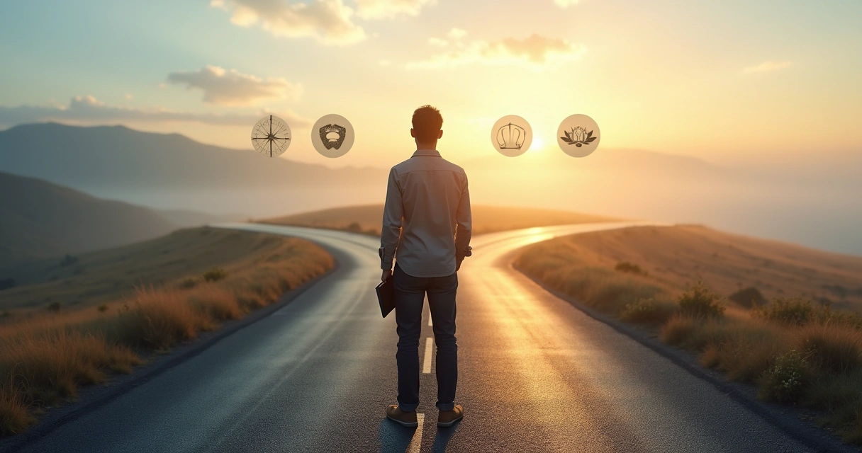 Profissional parado em encruzilhada em estrada enevoada refletindo sobre autoconhecimento 