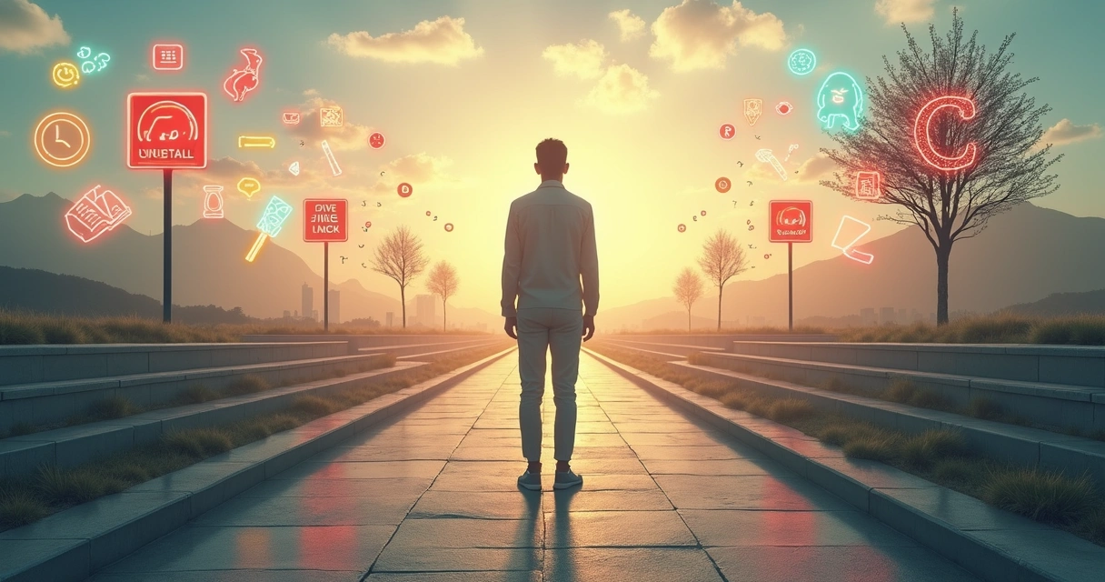 Pessoa diante de dois caminhos simbolizando mitos e escolhas no autodesenvolvimento 