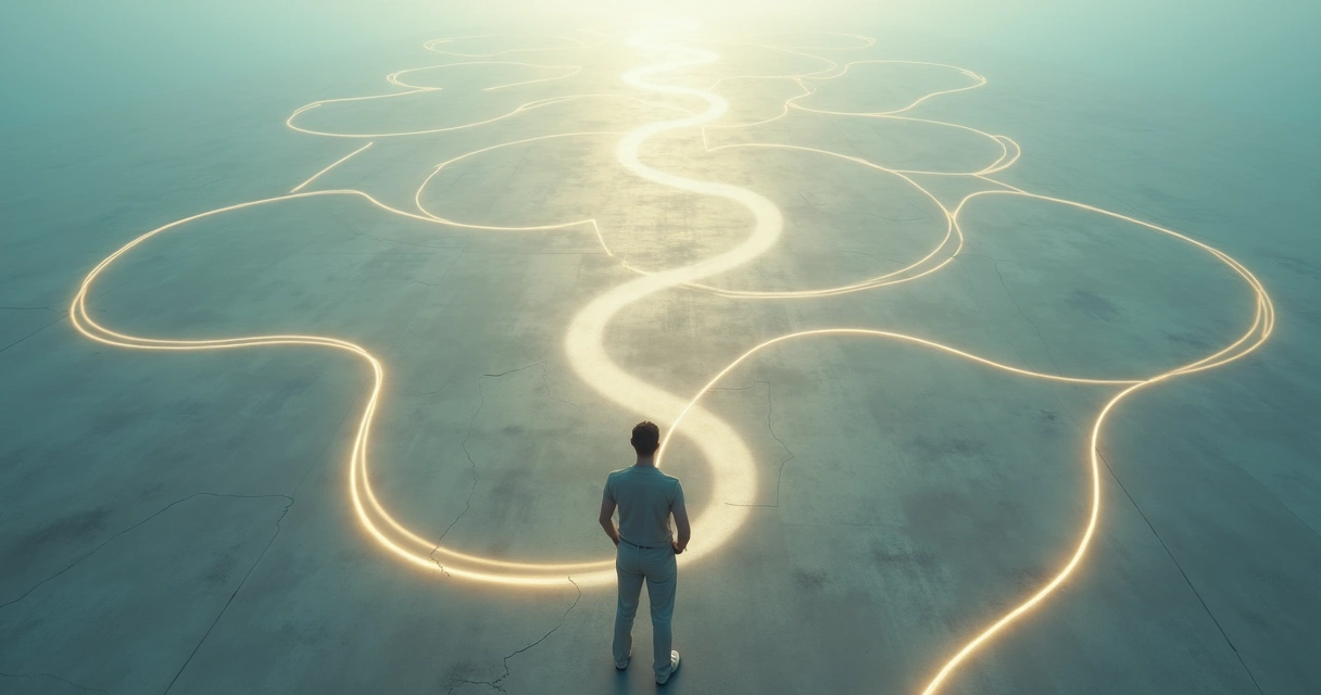 Pessoa diante de vários caminhos simbólicos escolhendo seu caminho de autodesenvolvimento 