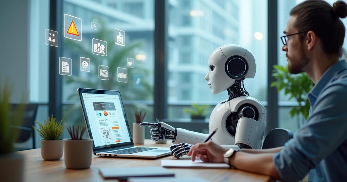 Ilustração de blog com robô e pessoa analisando mitos da automação de conteúdo 