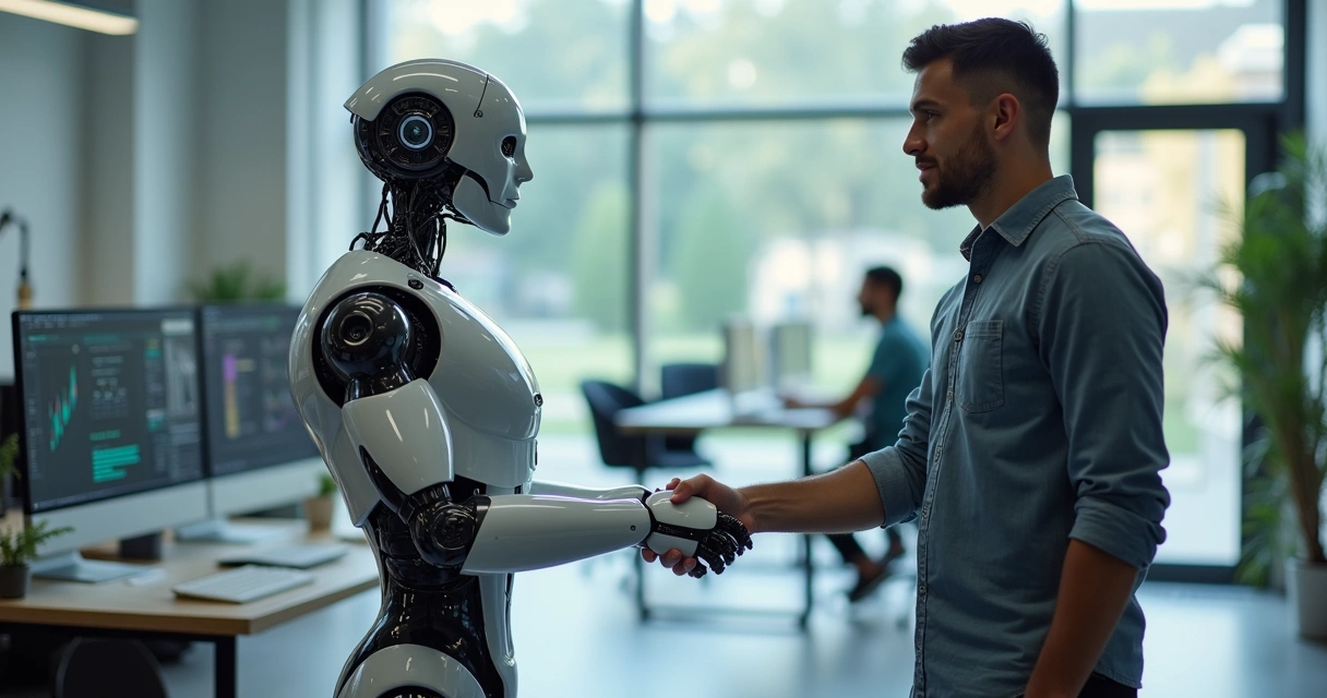 Robô e humano apertando mãos em ambiente de escritório 