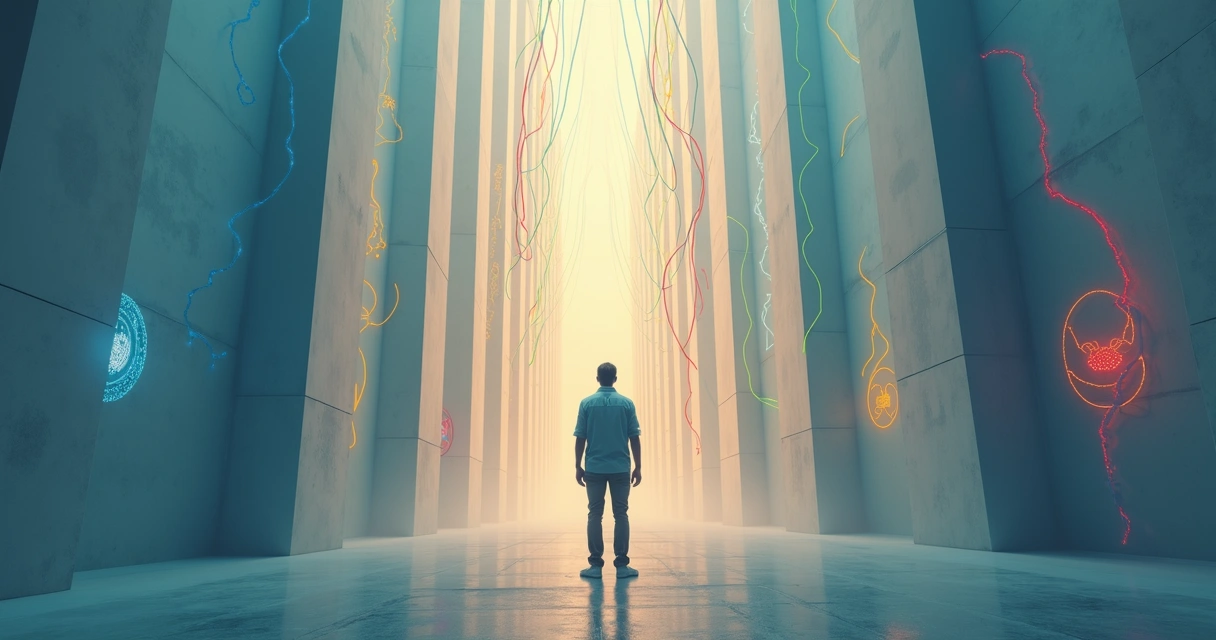 Pessoa em frente a um labirinto com fios coloridos simbolizando emoções confusas 