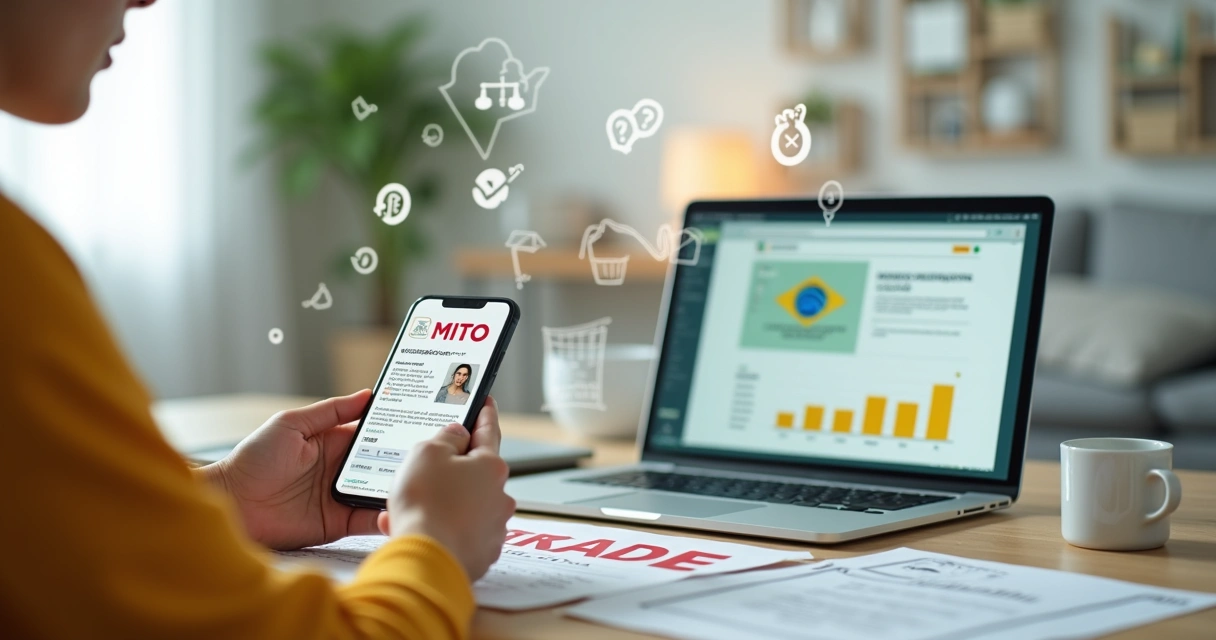 Jovem segurando celular com CNH digital e ícones de mitos e verdades ao fundo 