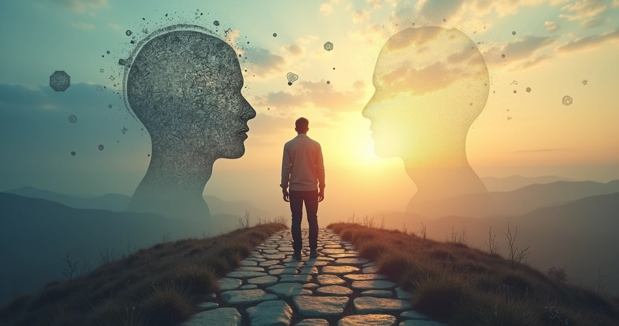 Pessoa em pé diante de caminho dividido com símbolos de mente confusa e consciência clara 