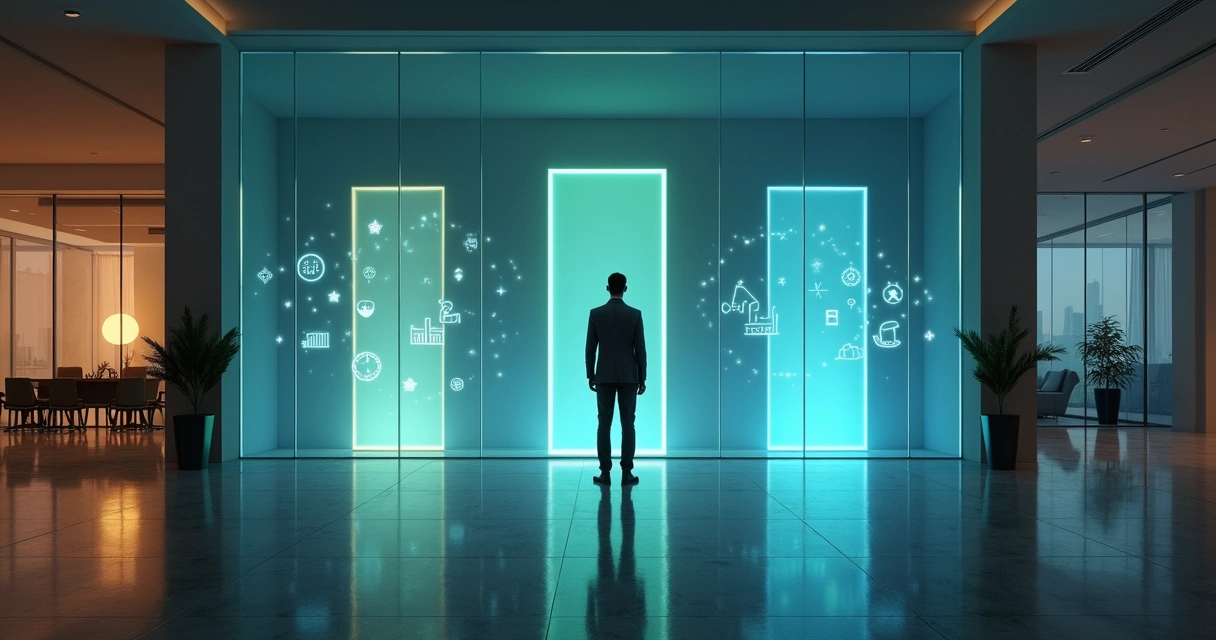 Profissional diante de mural com cinco portas luminosas em ambiente corporativo 