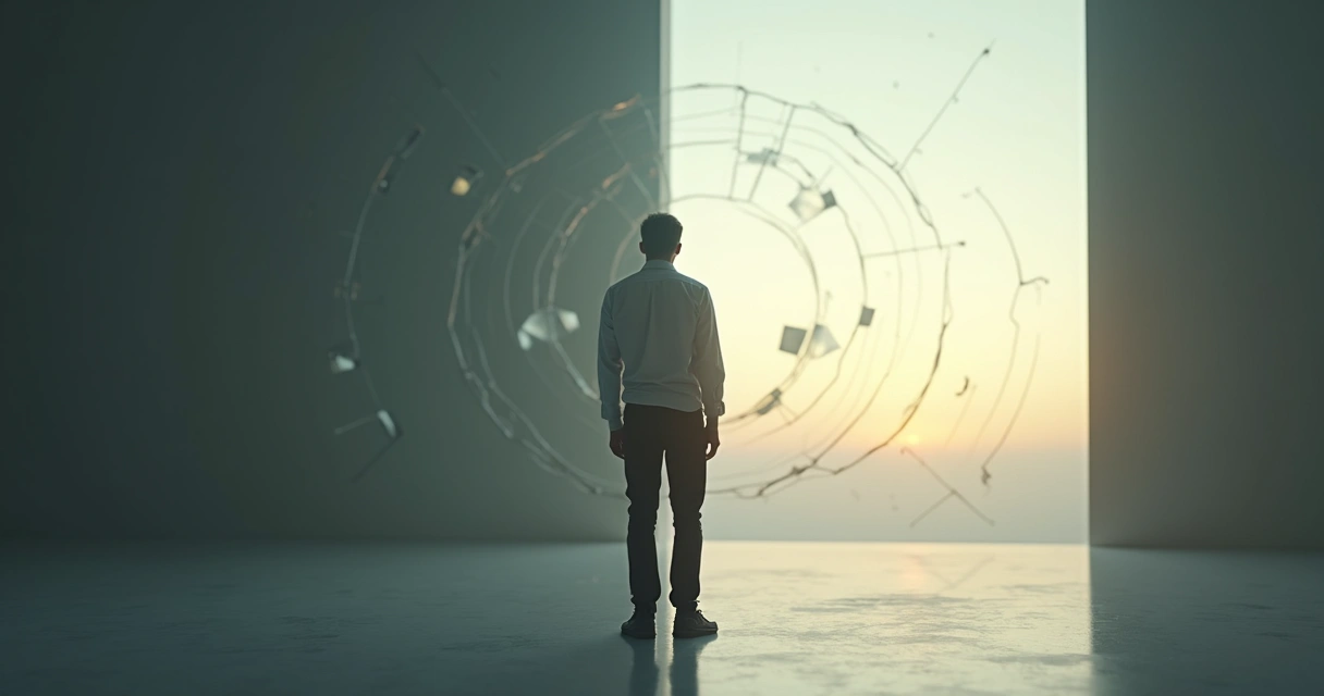 Pessoa diante de espelho quebrado com reflexo harmonioso do outro lado 