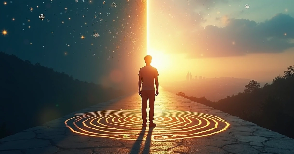 Persona entre luz y sombra frente a un laberinto simbolizando mitos de la consciencia 