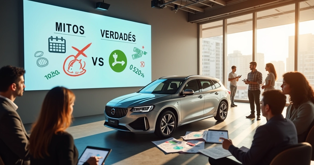 Grupo de pessoas ao redor de carro em painel com mito e verdade sobre consórcio 