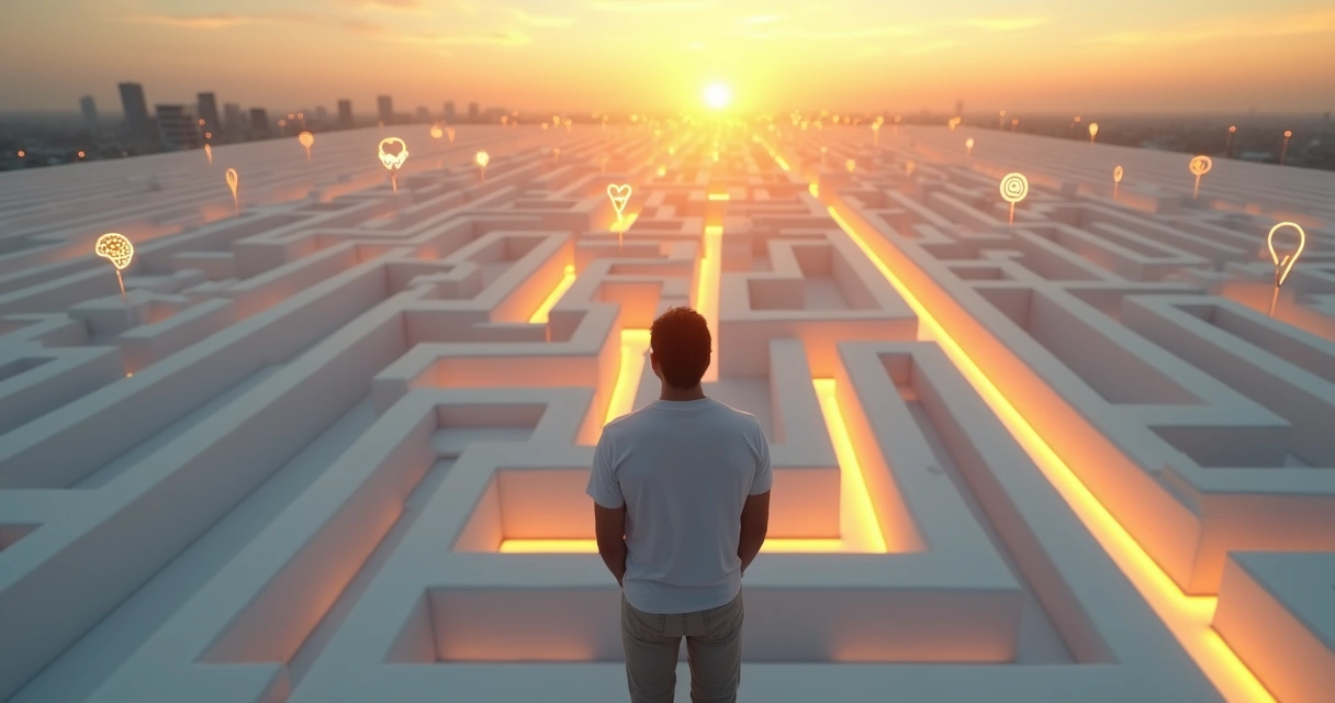 Pessoa em pé diante de um labirinto e múltiplos caminhos iluminados, representando mitos e escolhas no desenvolvimento humano 