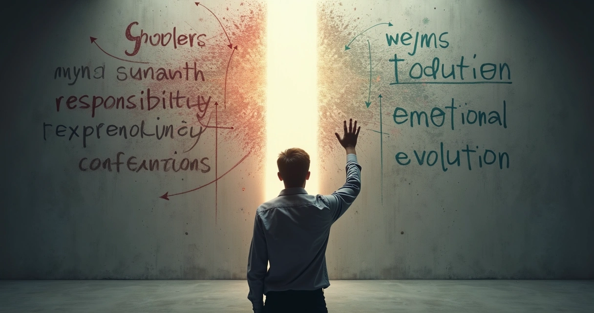 Pessoa em encruzilhada mental escolhendo entre mitos e evolução pessoal 