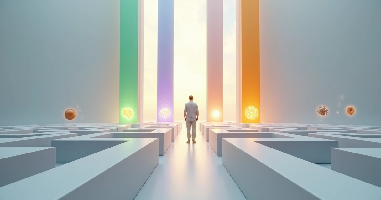 Labirinto tridimensional com pilares de luz representando mitos sobre autoconhecimento 