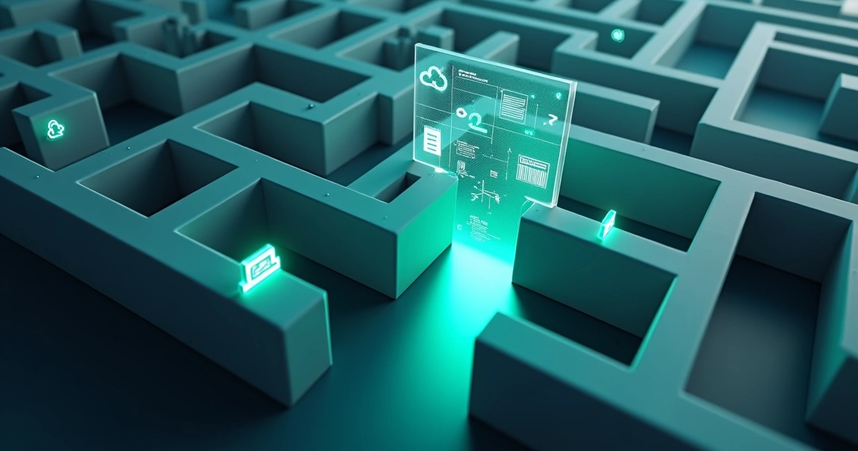 Labirinto de ícones fiscais eletrônicos visto de cima com destaque para caminho correto iluminado 