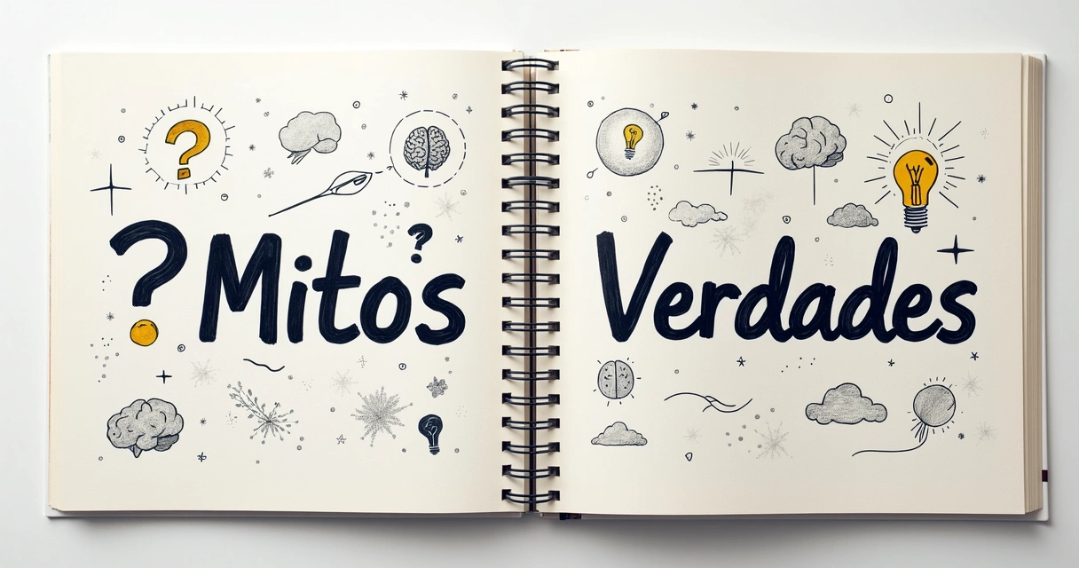 Página dividida em duas, com mitos de um lado e verdades do outro, elementos de mente ilustrados. 