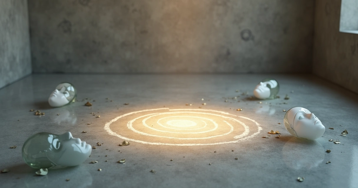 Sala com máscaras de vidro rachando ao lado de símbolo espiritual no chão 