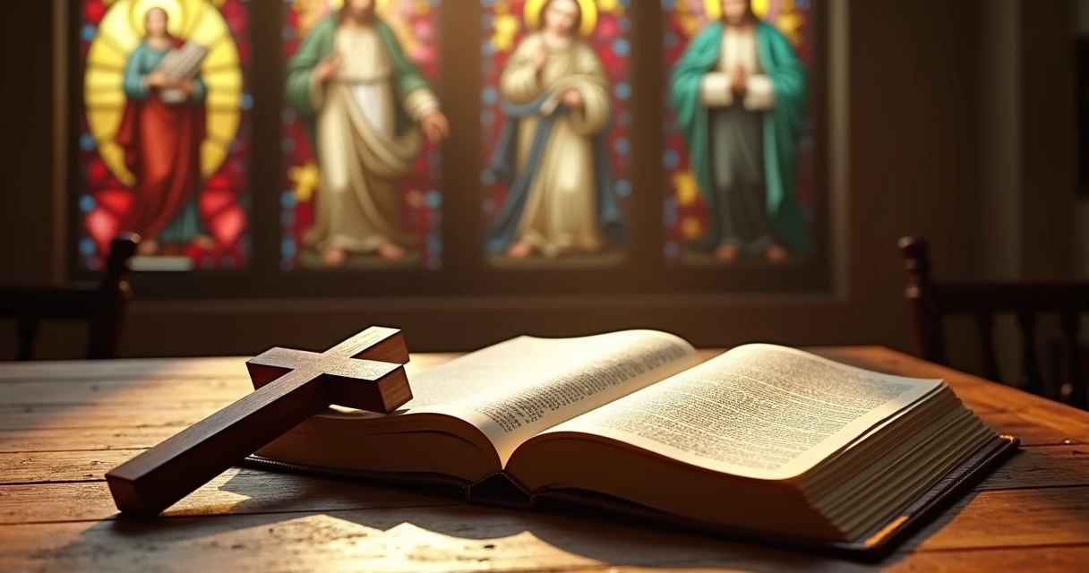 Mosaico com símbolos católicos, Bíblia aberta, cruz, e figuras de santos venerados 