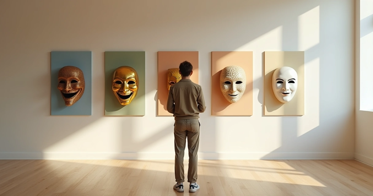 Persona mirando cuatro máscaras colgando en una galería minimalista 