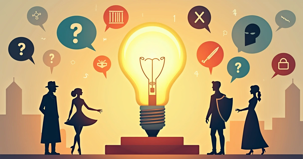 Lampada iluminando silhuetas de personagens de filmes clássicos cercadas de símbolos de dúvidas 