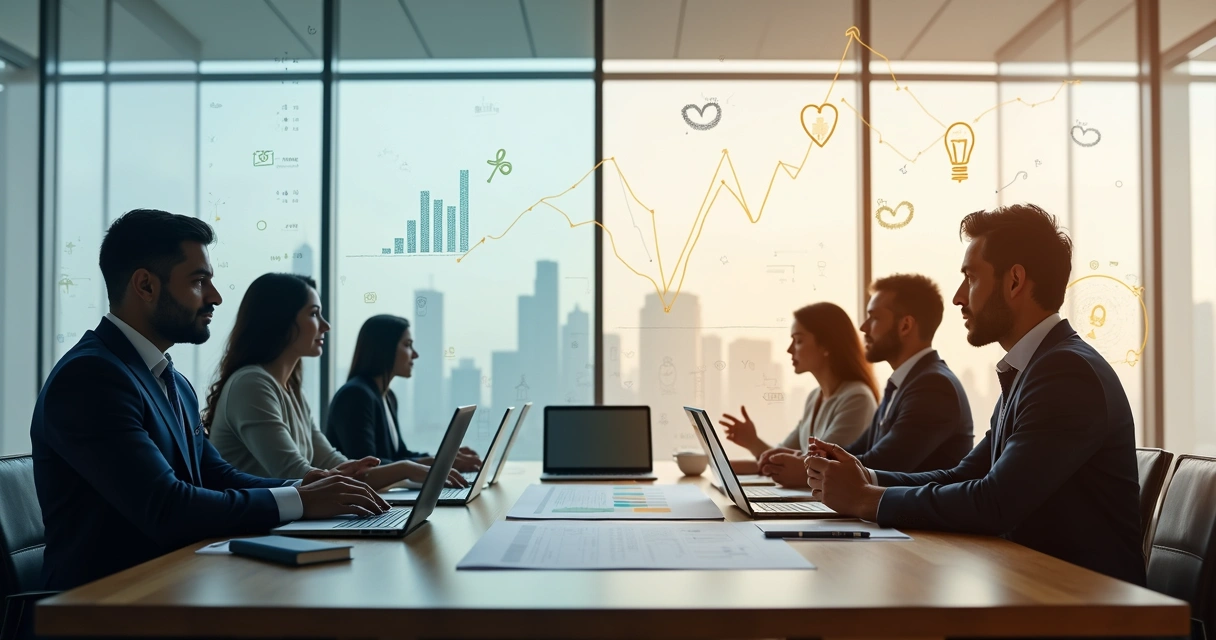 Executivos em reunião com sombras projetando ícones humanos e financeiros contrastantes 