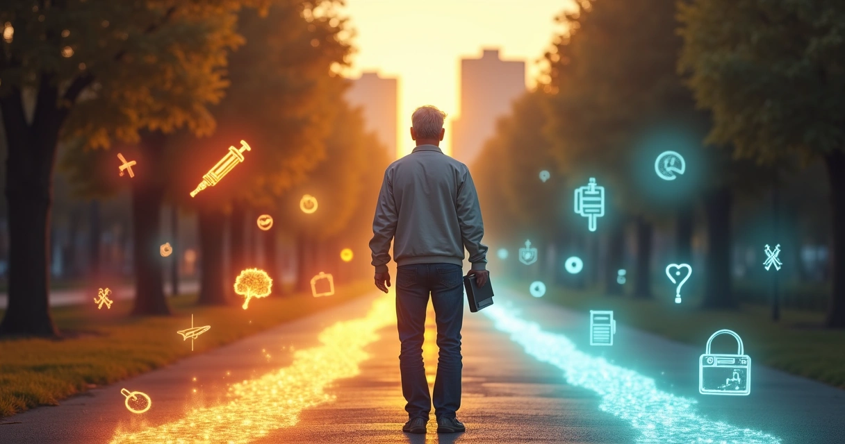 Homem com diabetes diante de dois caminhos, cheio de ícones sobre insulina e dúvidas 