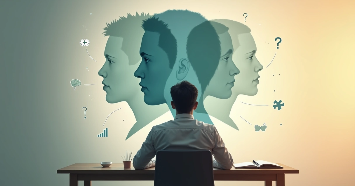 Pessoa refletindo diante de silhuetas com expressões emocionais contrastantes 