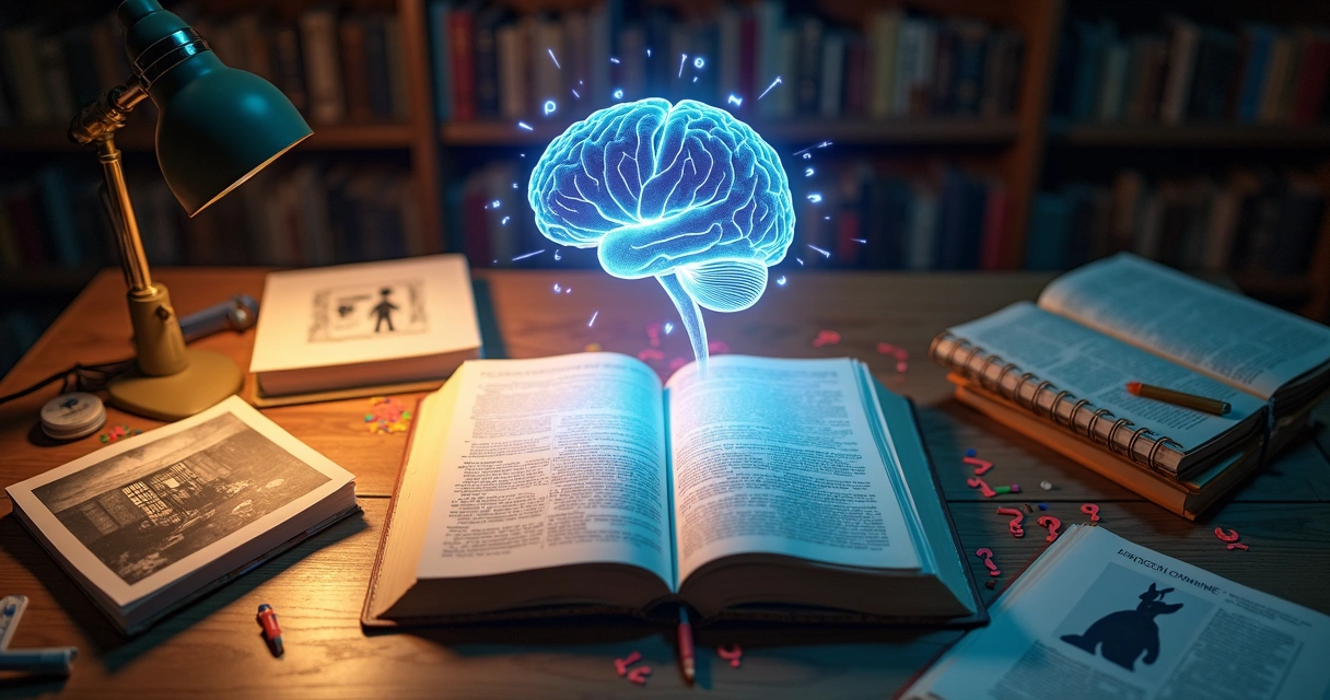 Pilha de livros de psicologia com cérebro projetado e partes borradas 