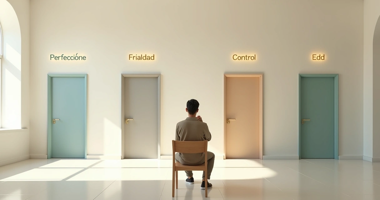Persona pensativa frente a cuatro puertas que simbolizan mitos sobre la madurez emocional 