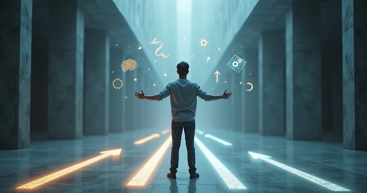 Pessoa em encruzilhada refletindo sobre mudança comportamental 