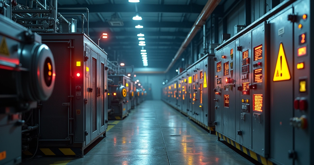 Painel de controle industrial com alertas de perigo em destaque 