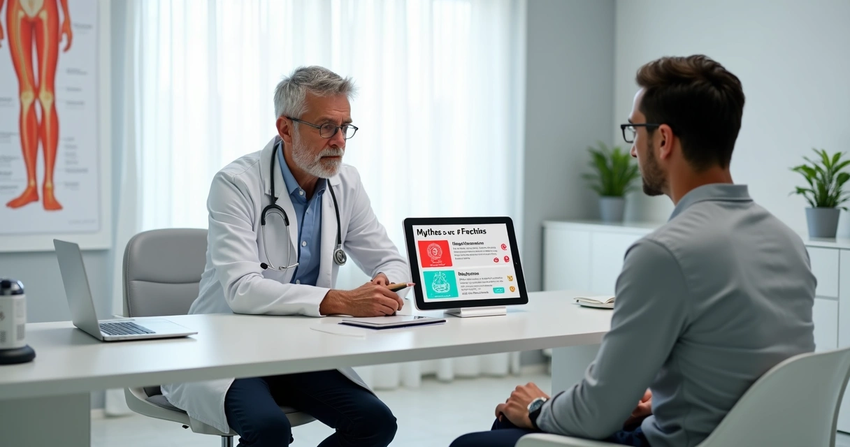 Médico vascular explicando mitos sobre prevenção de varizes para paciente em consultório moderno 