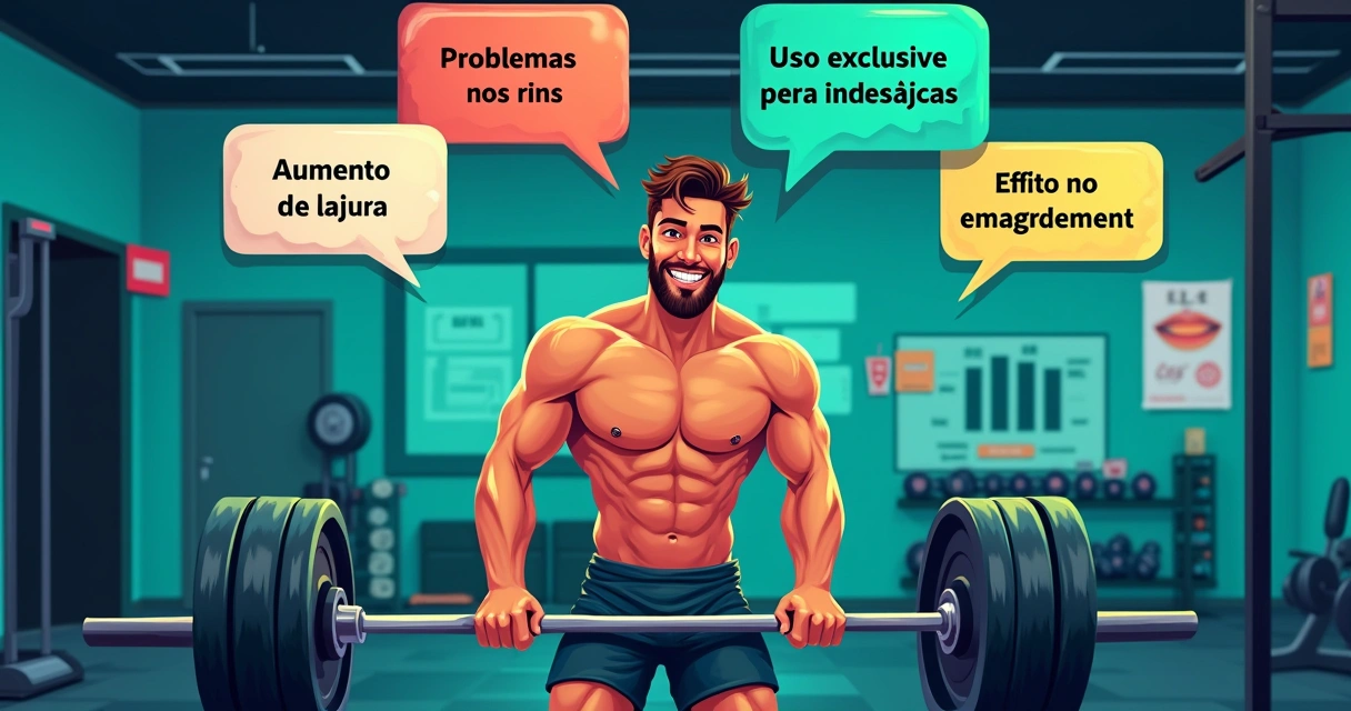 Homem malhando em academia com balões de diálogo sobre mitos da creatina e gráficos de saúde muscular.