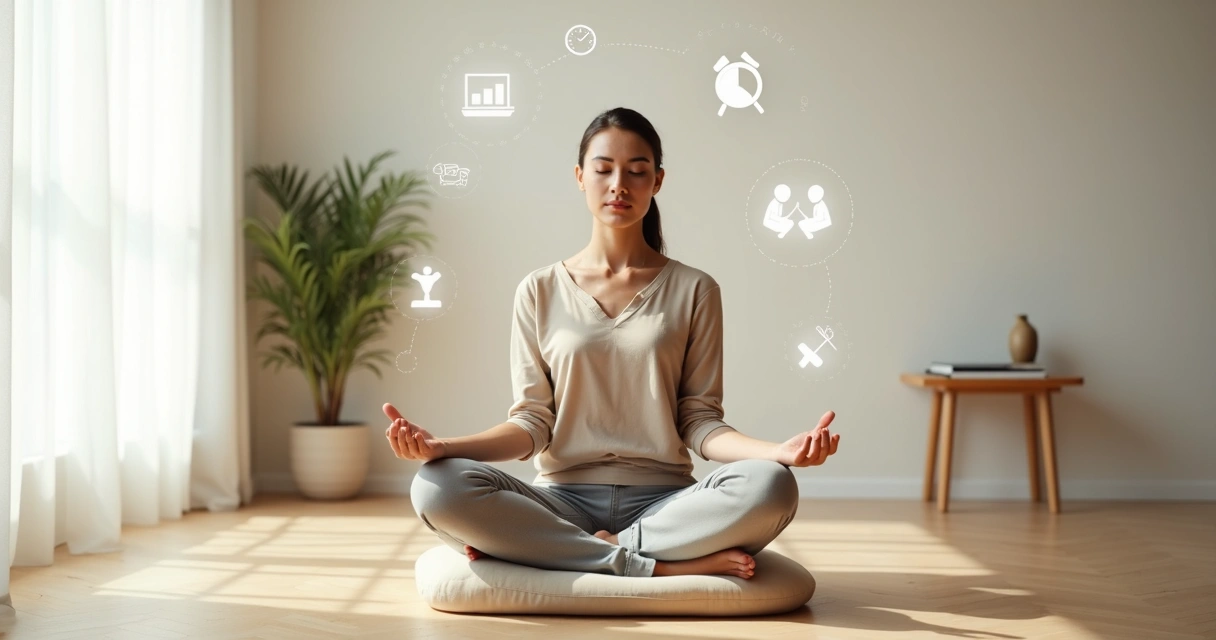 Pessoa meditando em sala clara com ícones de mitos sobre meditação se desfazendo ao redor 