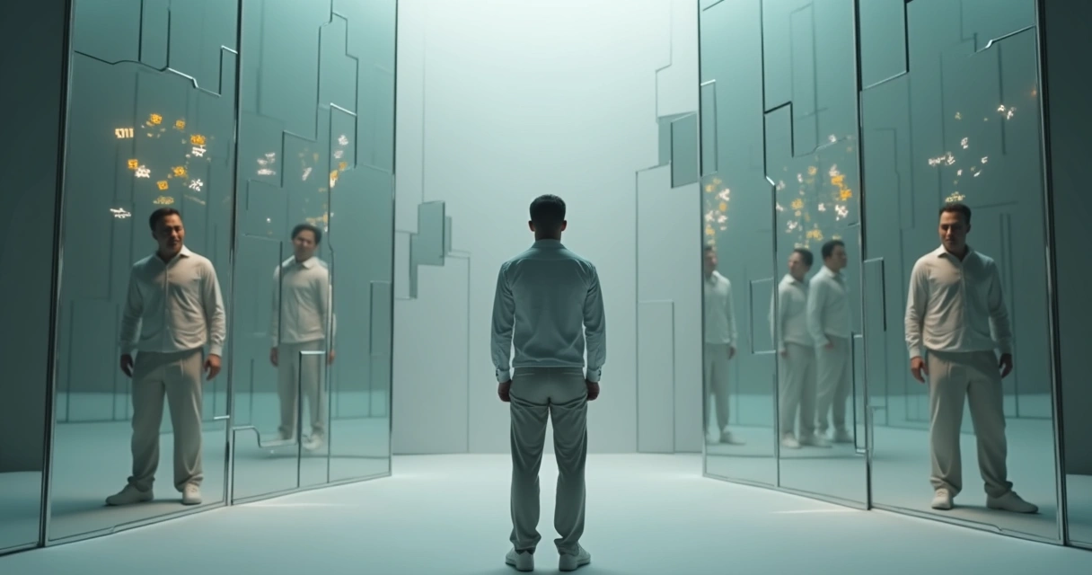 Pessoa diante de espelho com múltiplos reflexos simbolizando crenças mentais conflitantes 