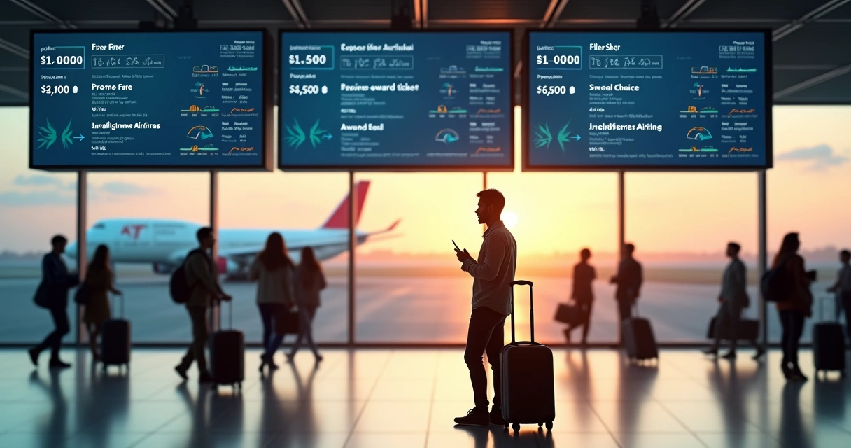 Passageiro confuso encarando painéis de preços de passagens aéreas em um aeroporto moderno 