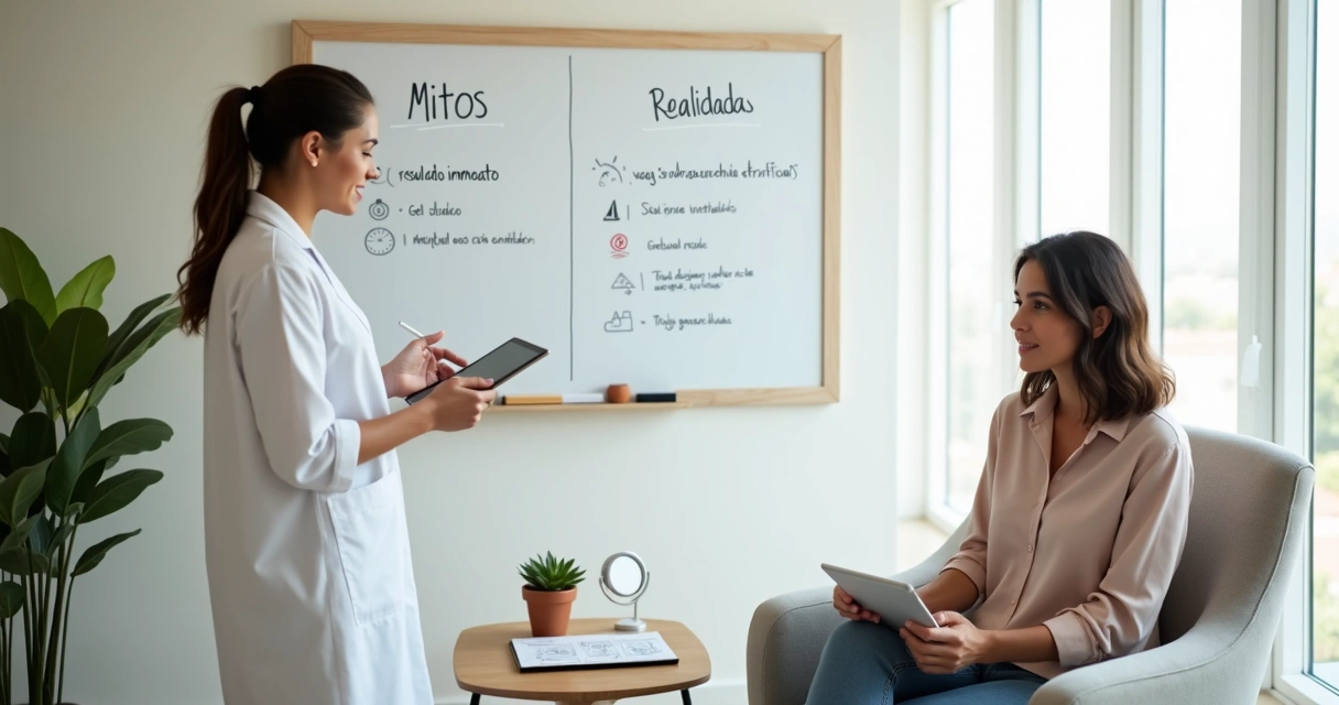 Dermatologista explicando mitos sobre transplante de sobrancelha em quadro ilustrado 