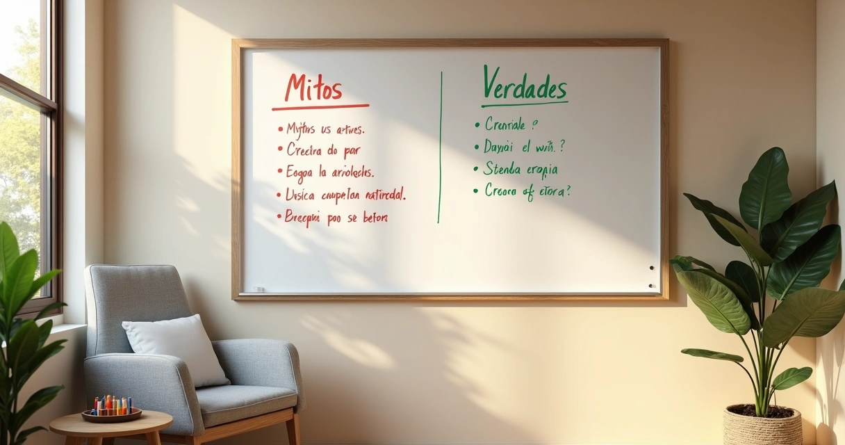Quadro branco com mitos e verdades sobre acupuntura destacados em consultório calmo 