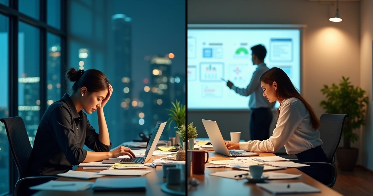 Metade do quadro com executiva exausta em mesa e metade com a mesma pessoa equilibrando trabalho e bem-estar 