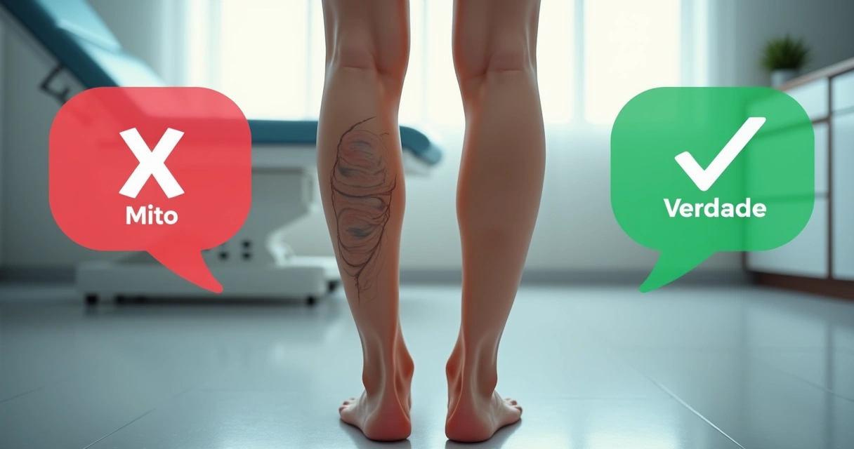 Perna feminina com varizes discretas destacadas por ícones de mito e verdade 