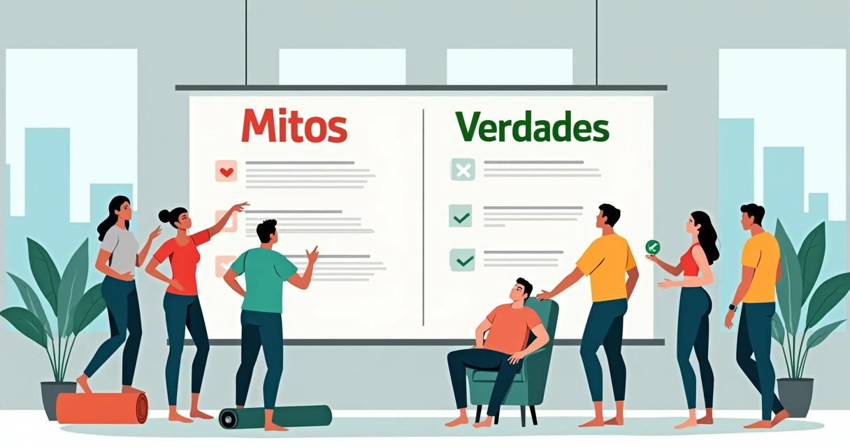 Ilustração de quadro comparando mitos e verdades sobre yoga com pessoas diferentes praticando 